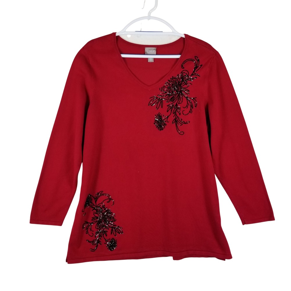 Chico's Sequin Floral Sweater Women Size 3 Red V-Neck Long Sleeve Pullover